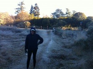 Ann on the icy path along Sir Francis Drake Blvd.