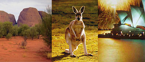 Australia ancient domes of the Olgas, see kangaroos, see the Sydney Opera House